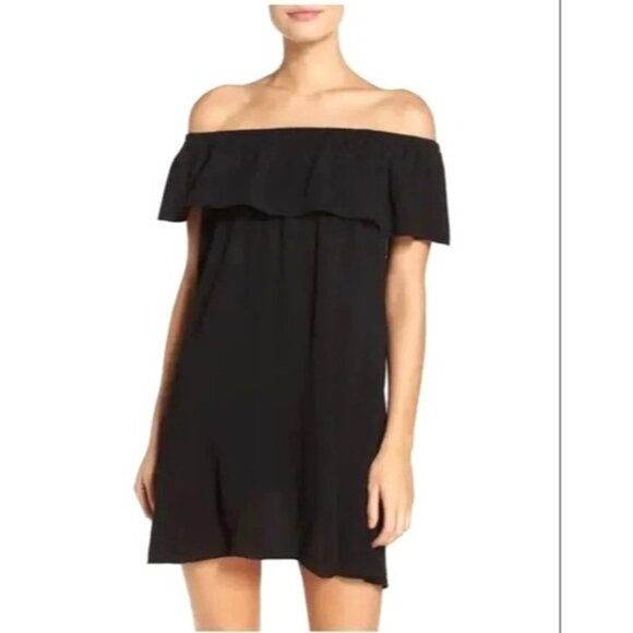 Becca Coverup Women Medium Black Off The Shoulder Flowy Mini Swim Swimwear - Picture 1 of 10